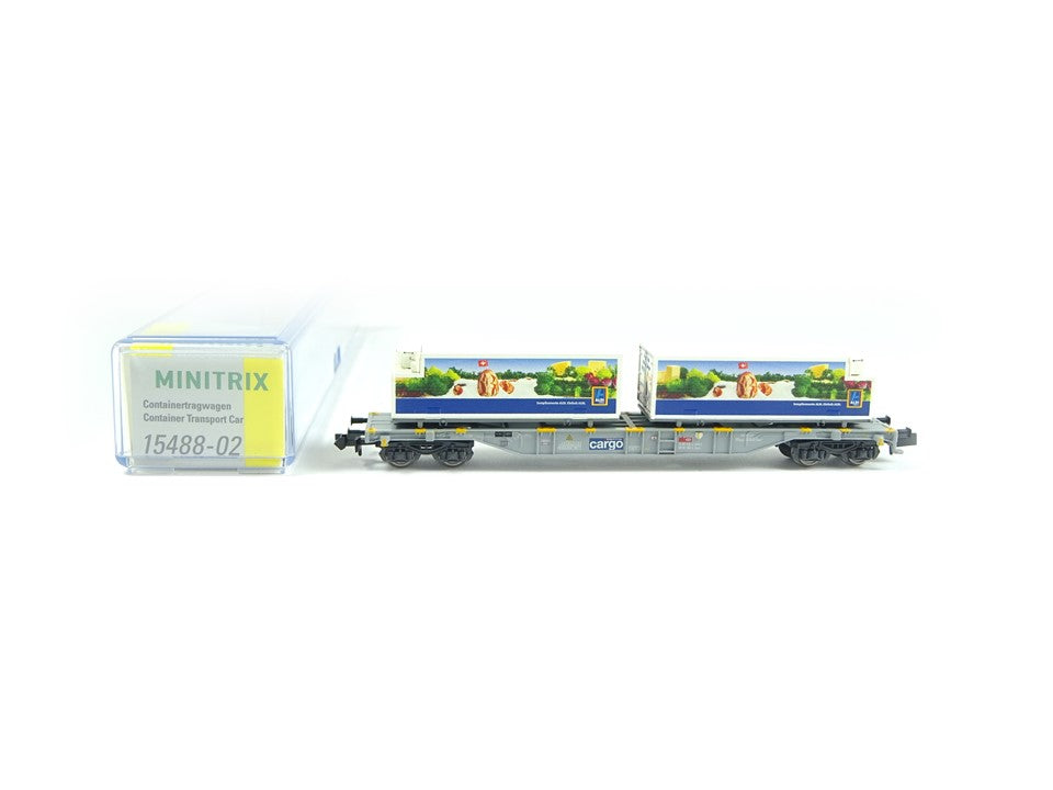 Minitrix N 15488-02, Güterwagen Containertragwagen Aldi, SBB, neu